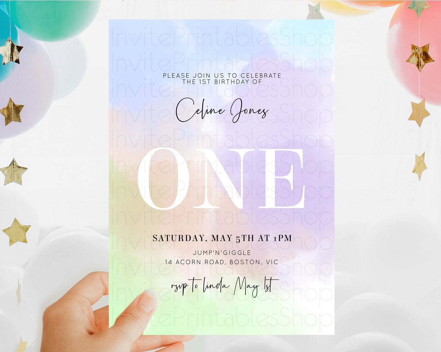 Rainbow Birthday Invitation Colorful Pastel Watercolor Invitation Gold Glitter Sprinkles Ombre Pastel 1st 2nd 3rd Birthday D10371