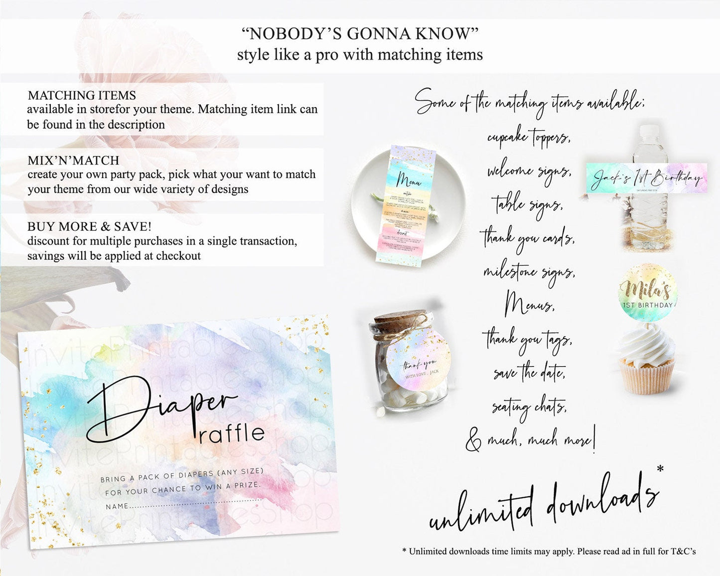 Pastel Diaper Raffle Card Pastel Rainbow Diaper Raffle Insert Colorful Ombre Watercolor Diaper Ticket Confetti Glitter Raffle Game D10422