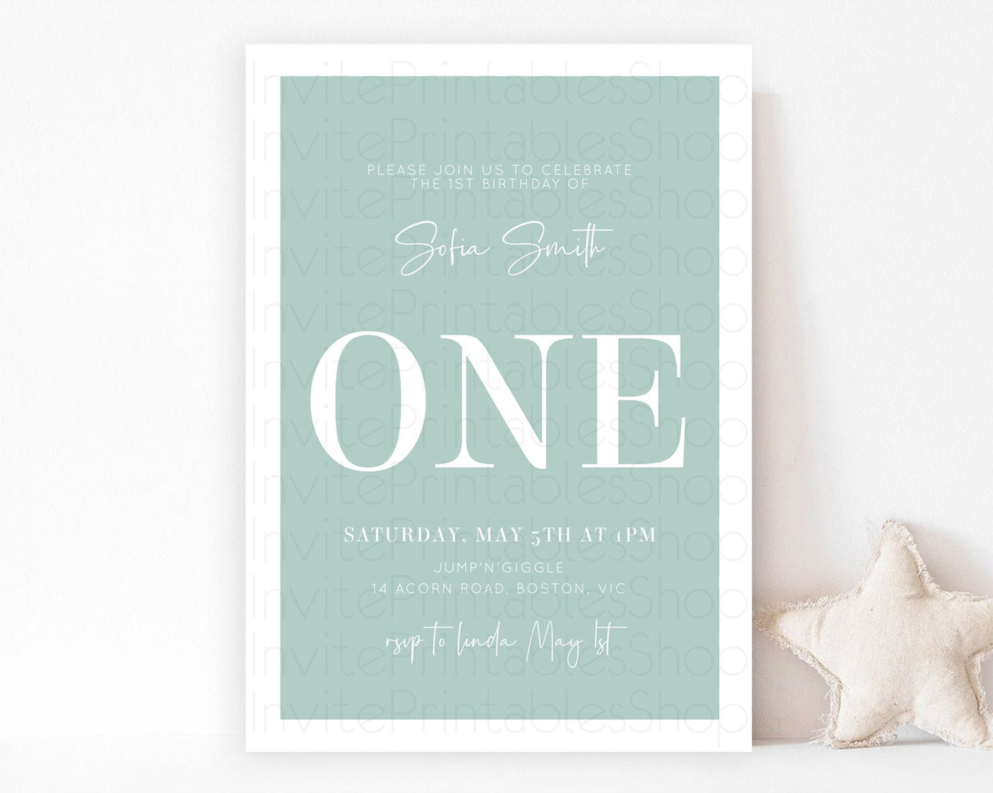 Green Birthday Invitation Plain Green Invitation Minimalist Invitation Pastel Green Invitation Modern Invite 2nd 1st First Birthday D10736
