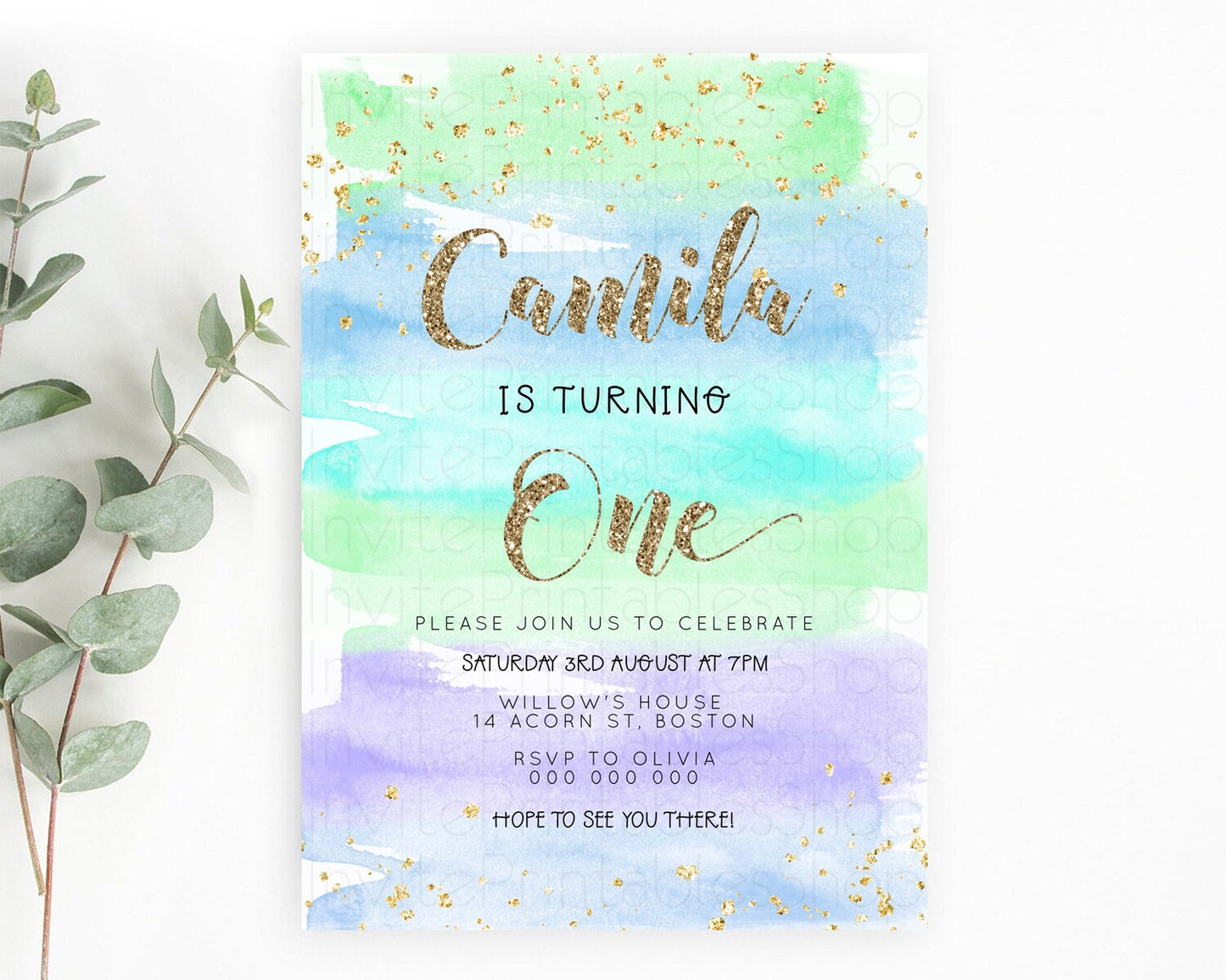 Rainbow Birthday Invitation Colorful Pastel Watercolor Invitation Gold Glitter Sprinkles Ombre Pastel 1st 2nd 3rd Birthday D23274