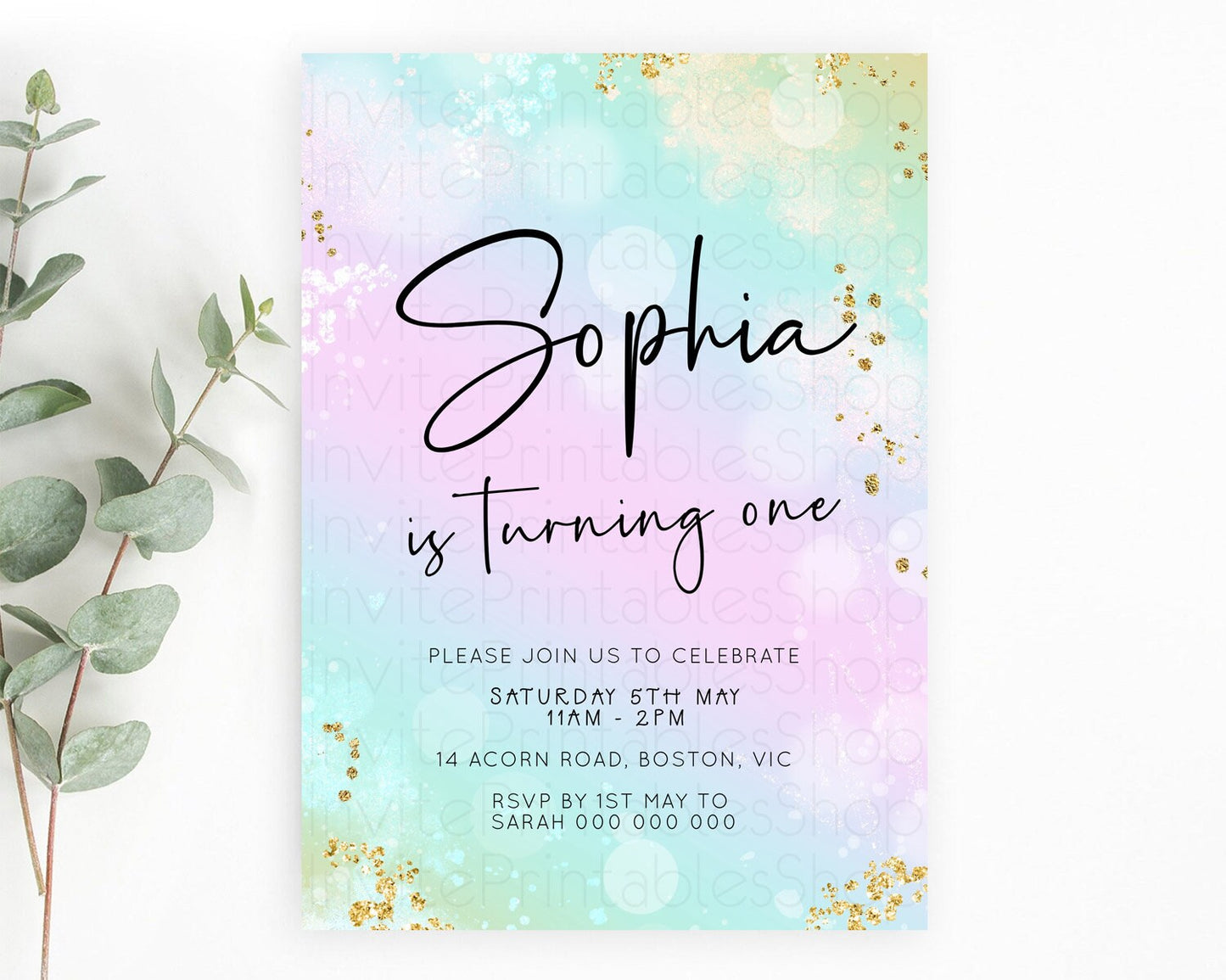 Pastel Birthday Invitation Ombre Watercolor Birthday Invitation Glitter Rainbow Color Splash 1st 2nd 3rd Birthday Invitation D23108