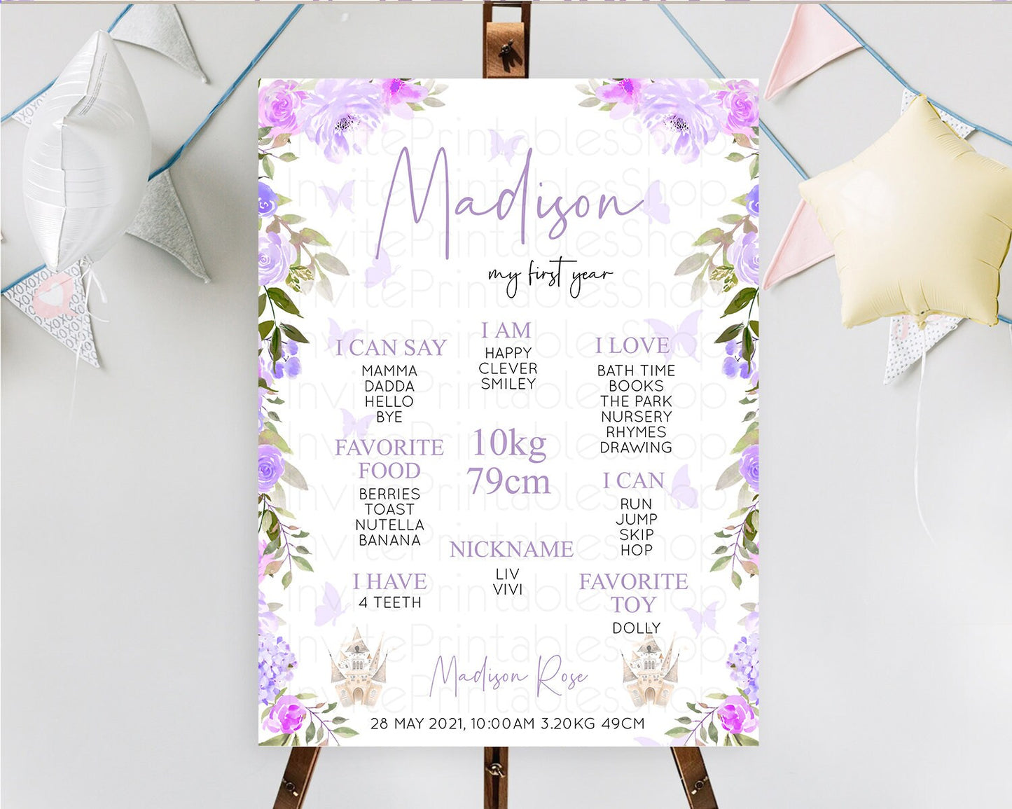 Princess First Birthday Milestone Poster Castle Milestone Board Secret Garden Enchanted Castle Pastel Floral Garden First Birthday D10339