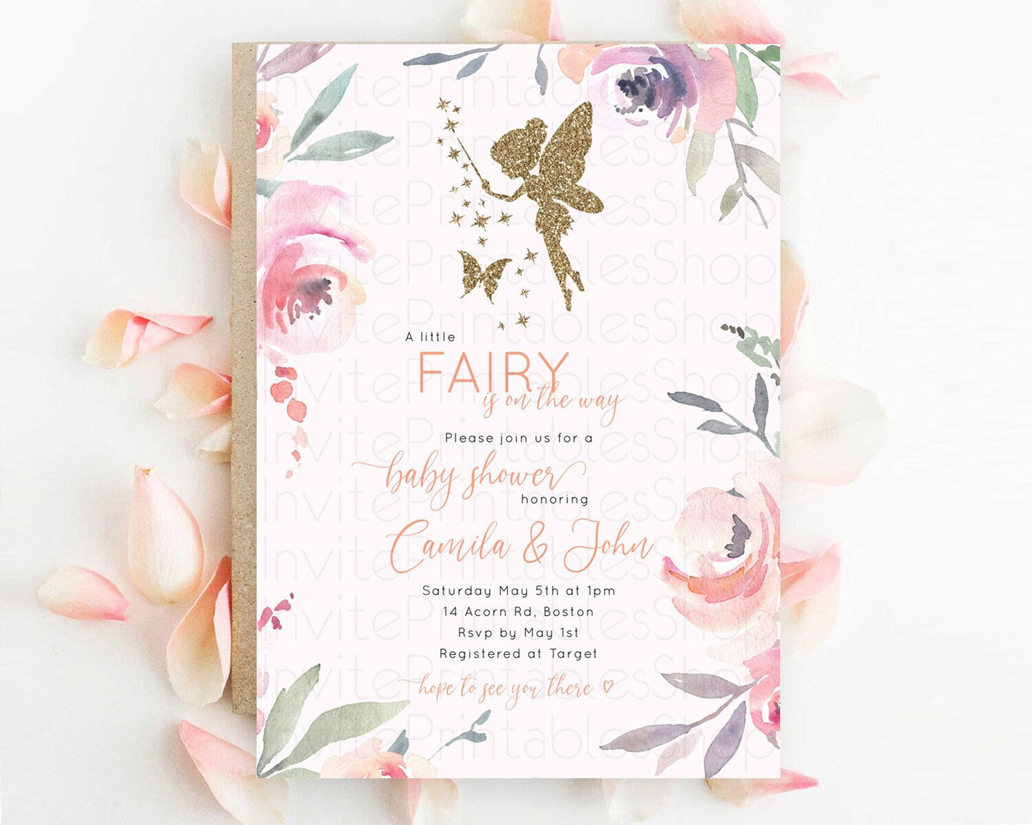 Fairy Baby Shower Invitation: Enchanted Fairy Garden, Secret Garden with Soft Purple Pink Flowers, Glitter Accents, Magical Butterfly D10197