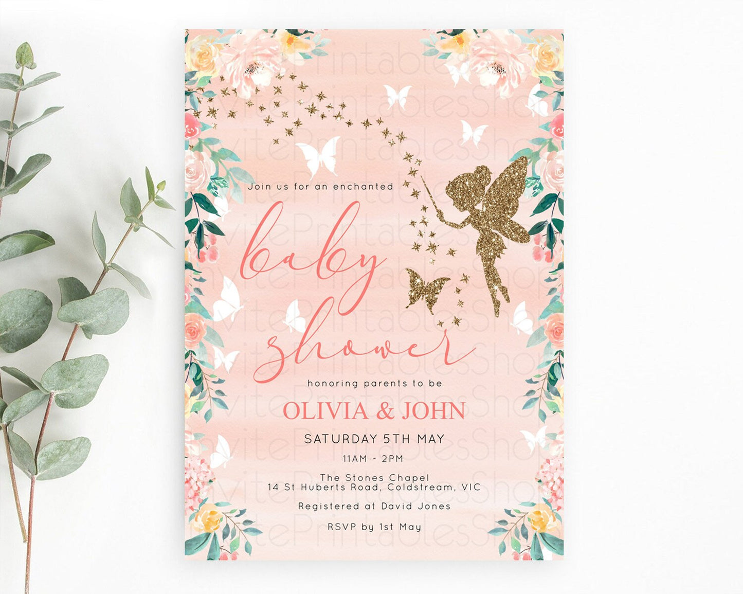 Fairy Baby Shower Invitation, Secret Garden, Fairy Garden Party, Magical Butterflies, Pink Orange Greenery, Floral, Orange Watercolor D10792