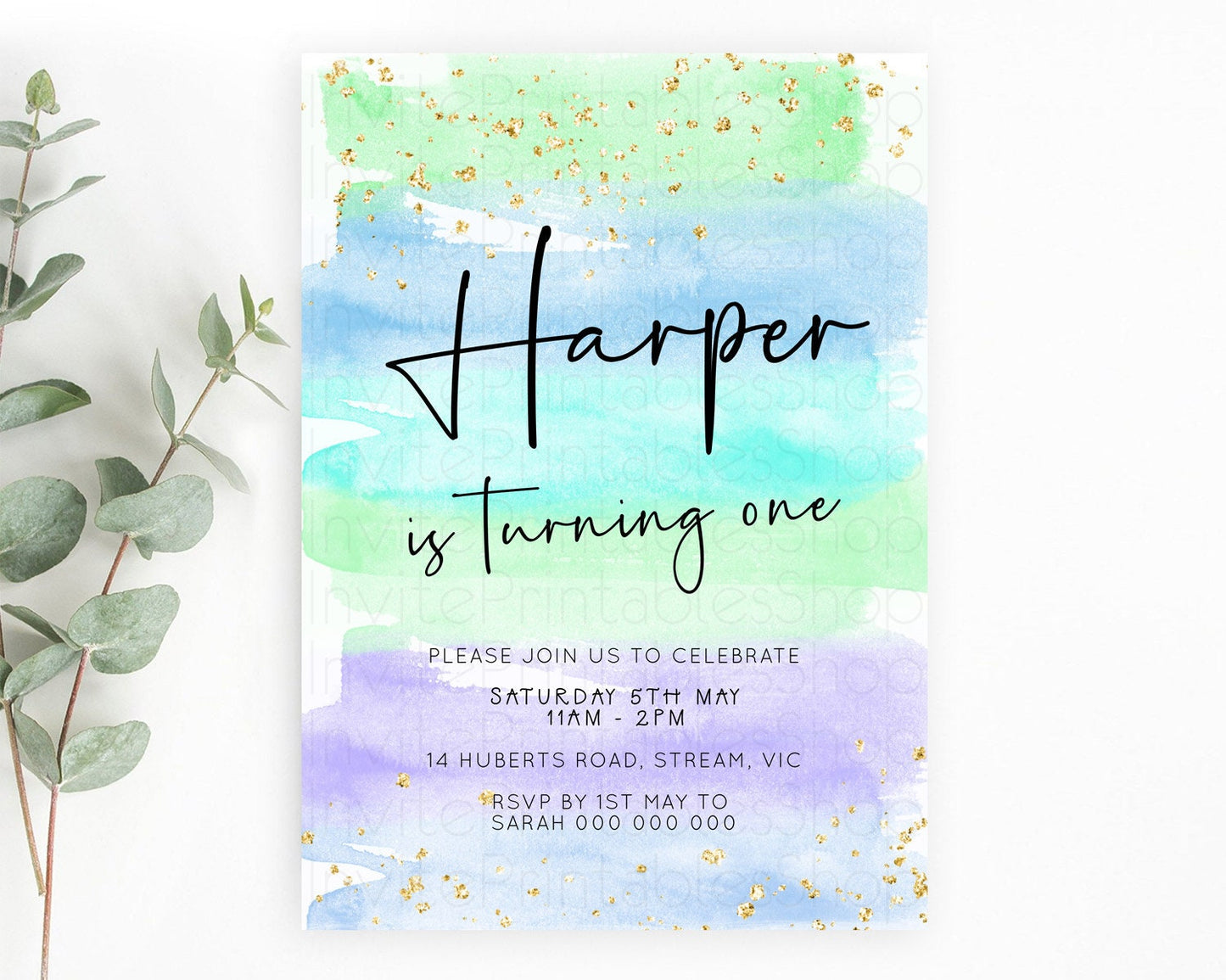 Pastel Birthday Invitation Ombre Watercolor Birthday Invitation Glitter Rainbow Color Splash 1st 2nd 3rd Birthday Invitation D23043