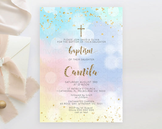 Pastel Baptism Invitation Pastel Colors Watercolor Baptism 1st Birthday Party Gold Ombre Pastel Rainbow Christening Holy Communion D10367