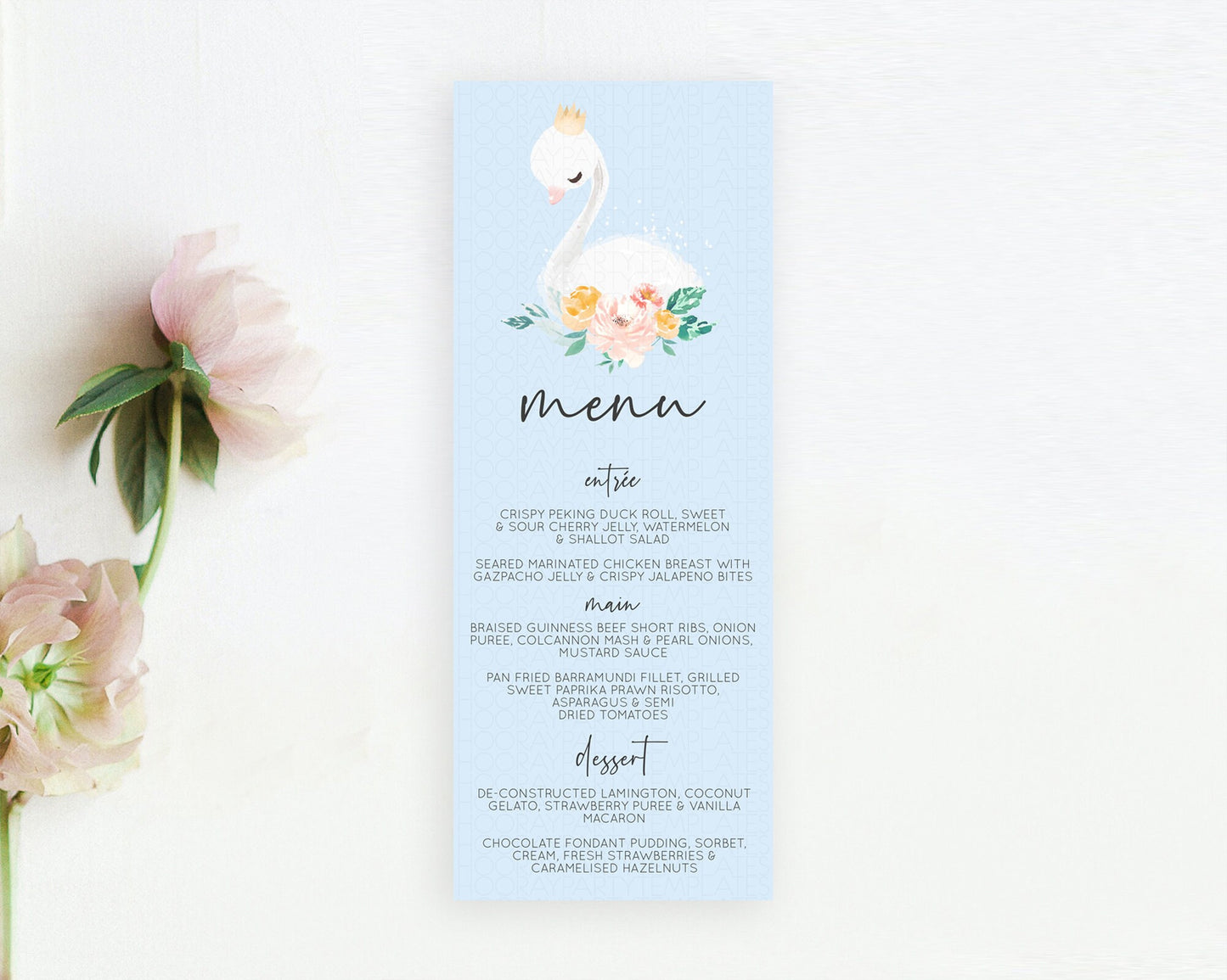 Swan Menu Swan Princess Ballet Menu Template Enchanted Swan Lake Table Decor Secret Garden Pastel Floral Dinner Dessert Food Menu  D10903