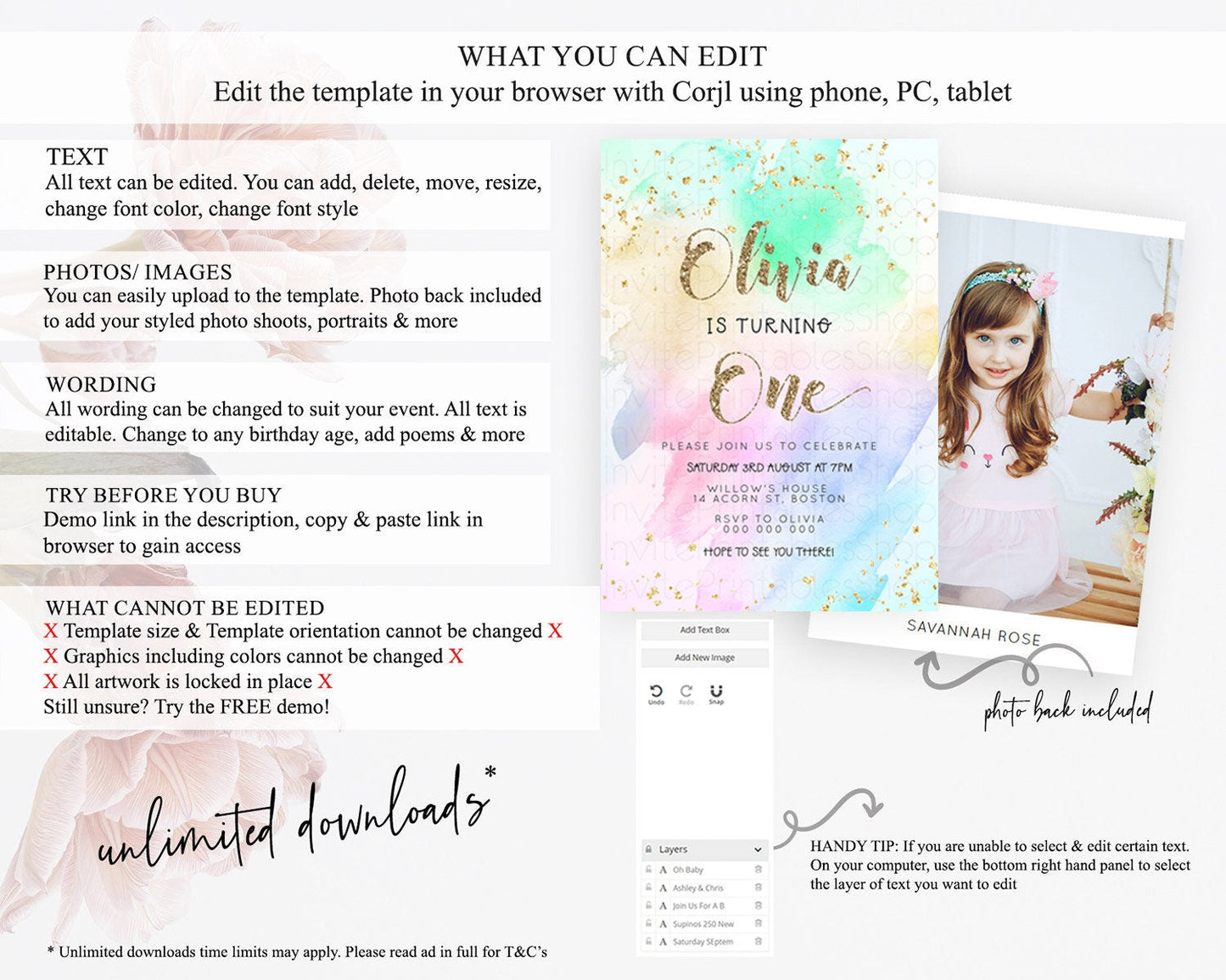 Rainbow Birthday Invitation Colorful Pastel Watercolor Invitation Gold Glitter Sprinkles Ombre Pastel 1st 2nd 3rd Birthday D23306