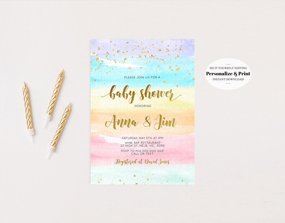 Rainbow Baby Shower Invitation Pastel Watercolor Invitation Colorful Splash Invite Gold Sprinkle Invite Gold Glitter Invite Confetti 525