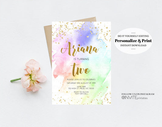 Rainbow Birthday Invitation Colorful Invite Watercolor Confetti Gold Glitter Sprinkles Ombre Pastel Invite 1st 2nd 3rd Birthday Invite 377