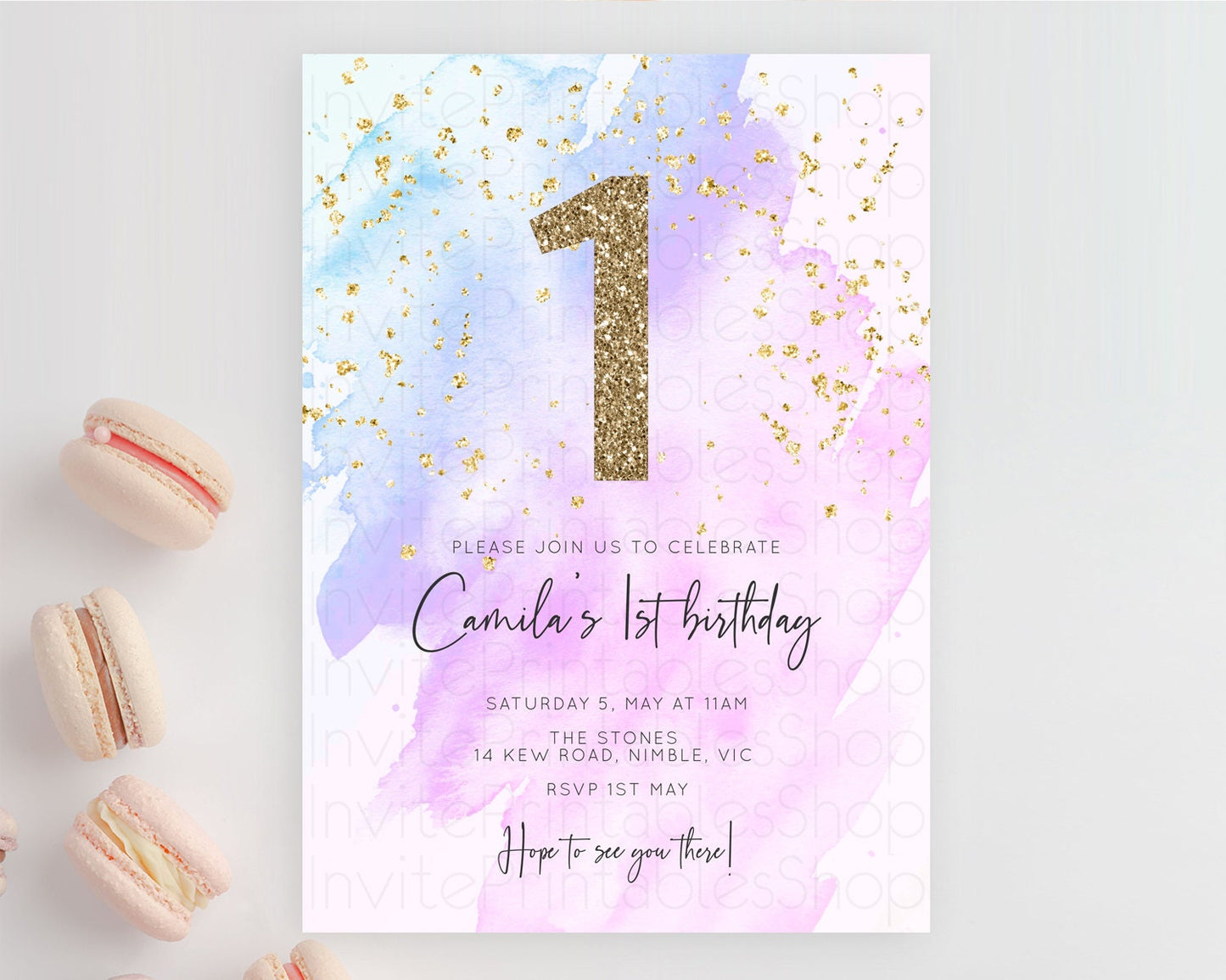 Purple Birthday Invitation Purple Watercolor Invite Pastel Purple Watercolor Invitation Purple Splash Gold Invitation First Birthday D10169