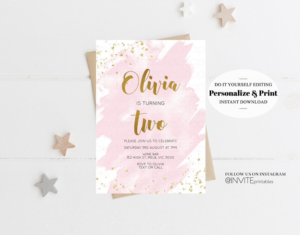 Pink Birthday Invitation Pink Splash Watercolor Invite Gold Glitter Sprinkles Ombre Pastel Invitation 1st 2nd 3rd Printable Editable Invite