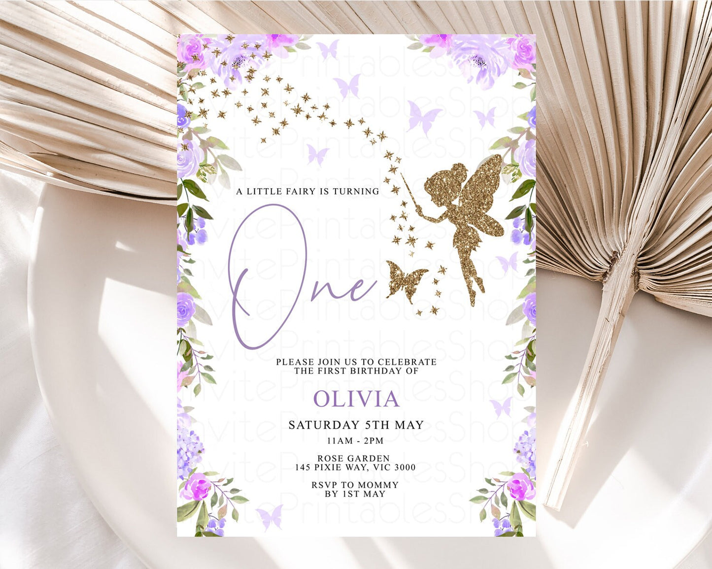 Fairy Birthday Invitation Enchanted Fairy Garden Invitation Magical Pixie Floral Pastel Birthday Invitation Wildflower Purple Glitter 47