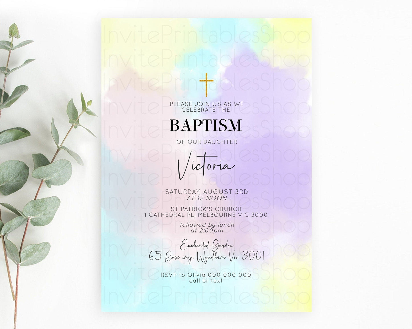 Pastel Baptism Invitation Pastel Colors Watercolor Baptism 1st Birthday Party Gold Ombre Pastel Rainbow Christening Holy Communion D10617