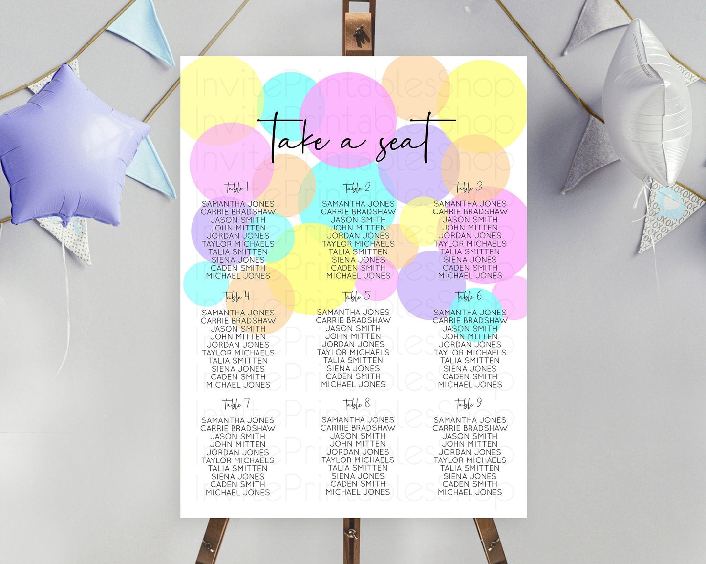 Pastel Seating Chart Pastel Confetti Seating Chart Bubbles Sprinkles Seating Sign Colorful Rainbow Decor Confetti Seating Board D10406