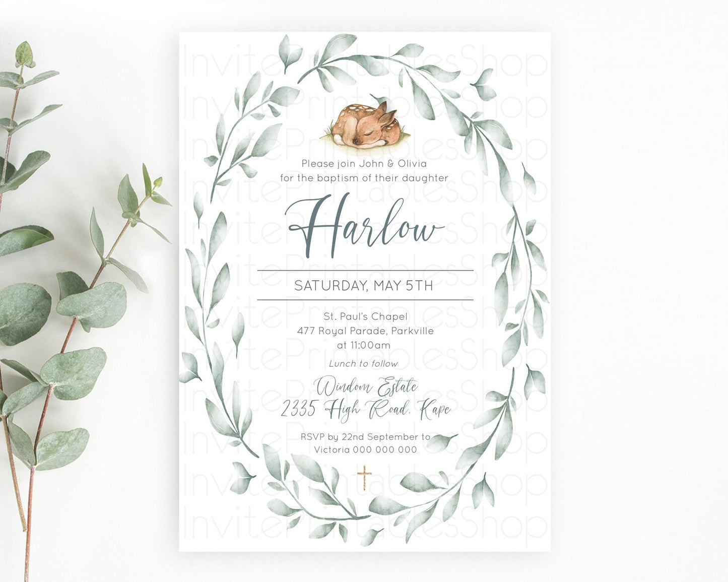 Fawn Baptism Invitation Deer Baptism 1st Birthday Invitation Enchanted Forest Christening Invitation Pastel Garden Butterfly Floral D10935