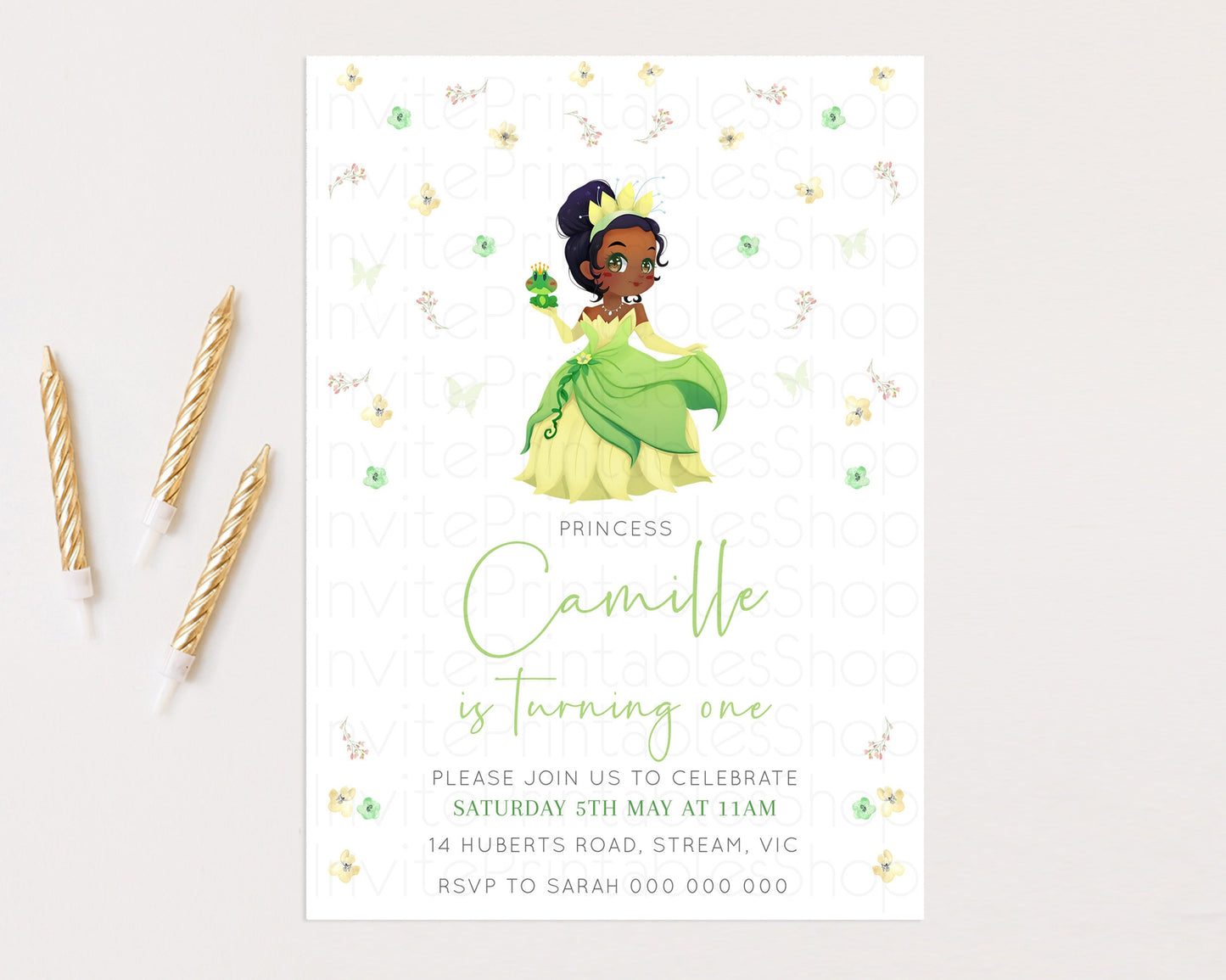 Princess Tiana Birthday Invitation Enchanted Castle Rose Garden Pastel Flowers Confetti Floral Sprinkles Colorful 1st 2nd 3rd Birthday