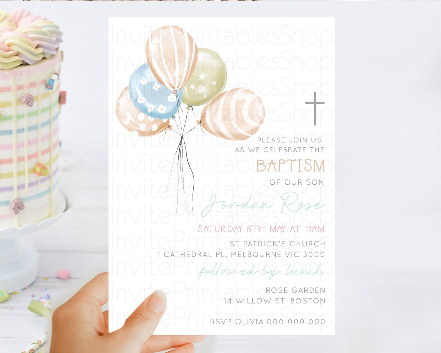 Balloon Baptism Invitation Pastel Baptism 1st Birthday Invitation Pastel Balloon Christening Invite Colorful Rainbow Balloon Invites D22999