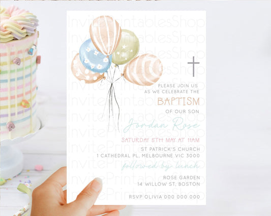 Balloon Baptism Invitation Pastel Baptism 1st Birthday Invitation Pastel Balloon Christening Invite Colorful Rainbow Balloon Invites D22999