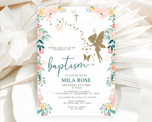 Fairy Baptism Invitation Fairy Baptism 1st Birthday Invitation Enchanted Secret Garden Christening Invite Pastel Floral Butterfly D10239