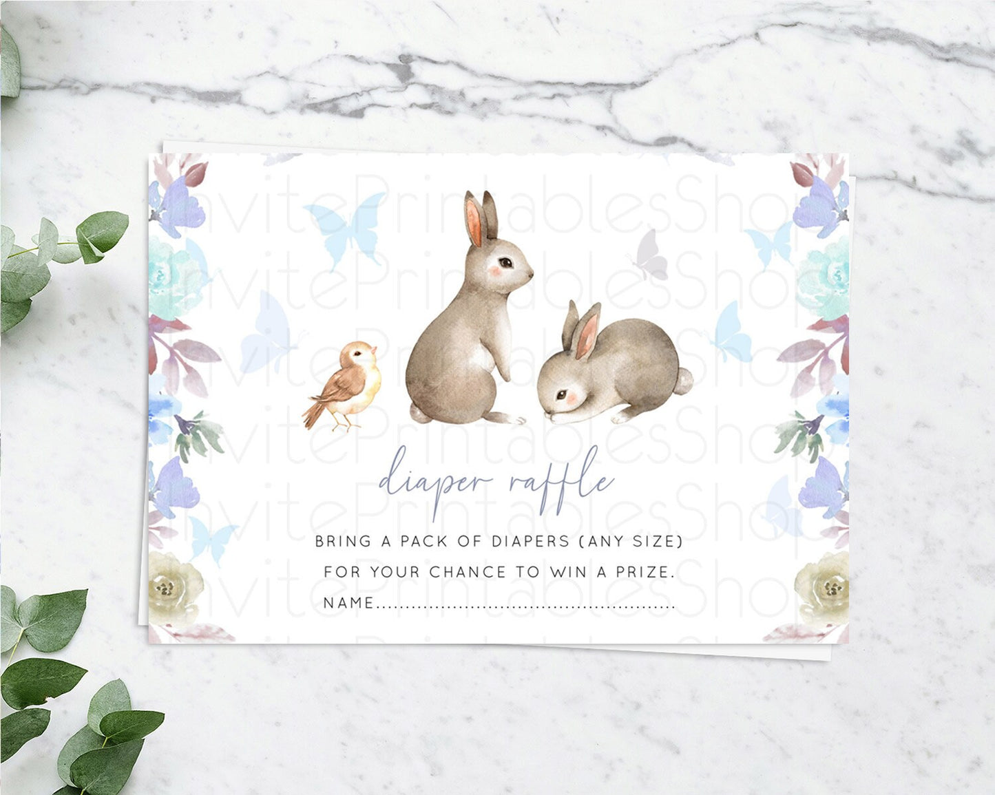 Bunny Diaper Raffle Card Floral Bunny Diaper Raffle Insert Pastel Flowers Woodland Bunny Diaper Ticket Forest Bunny Raffle Game D10927