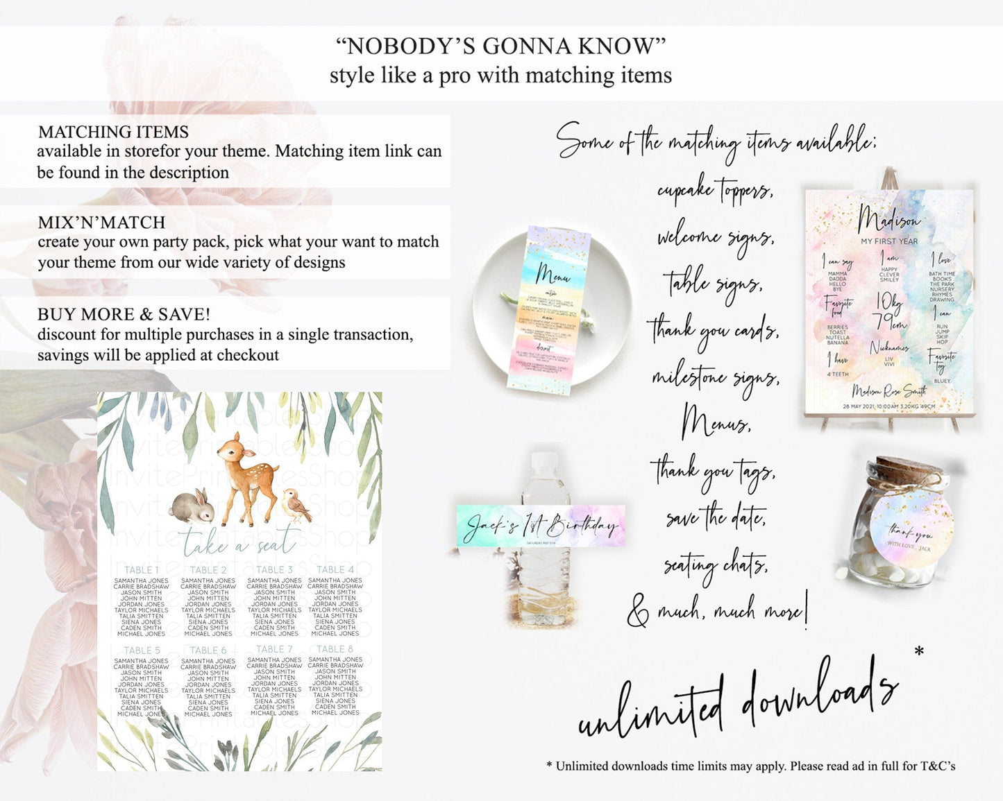 Fawn Seating Chart Deer Seating Chart Enchanted Forest Party Butterfly Pastel Flowers Whimsical Seating Chart Woodland Seating Sign D10919