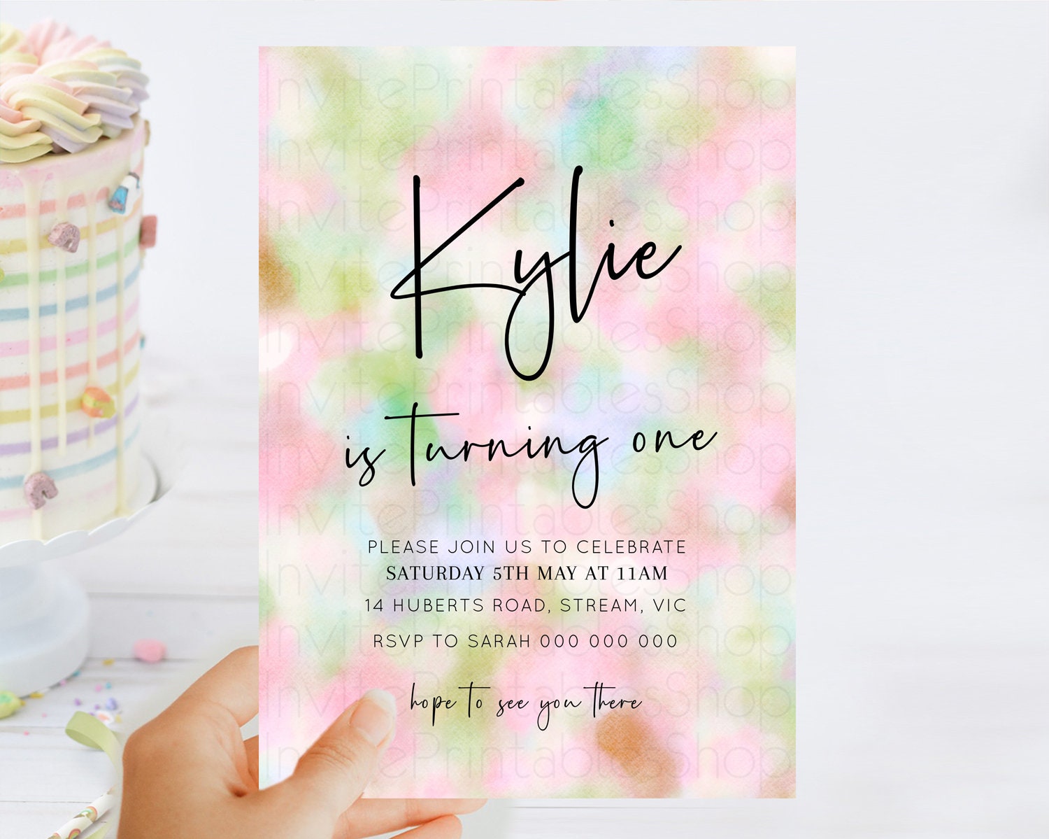 Editable Rainbow Birthday Invitation Colorful Pastel Watercolor Invitation G