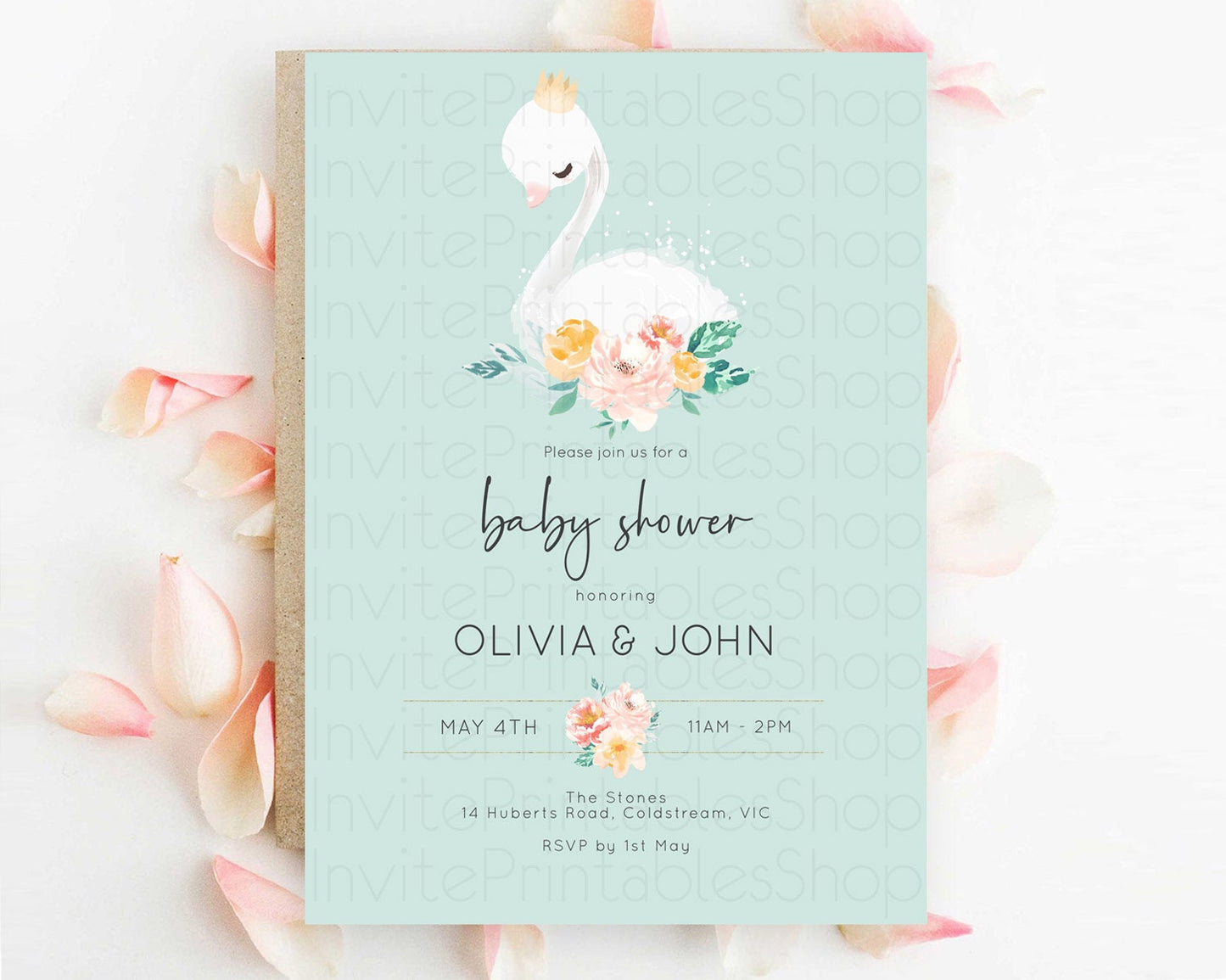 Swan Lake Baby Shower Invitation, Secret Garden, White Swan Princess Ballet, Watercolor Pink Green Floral, Butterflies, Soft Green D10905