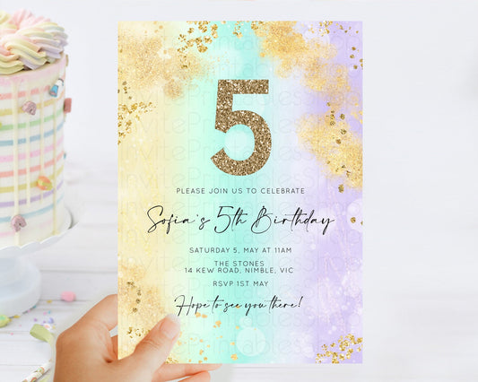 Rainbow Birthday Invitation Colorful Pastel Watercolor Invitation Gold Glitter Sprinkles Ombre Pastel 1st 2nd 3rd Birthday D10672