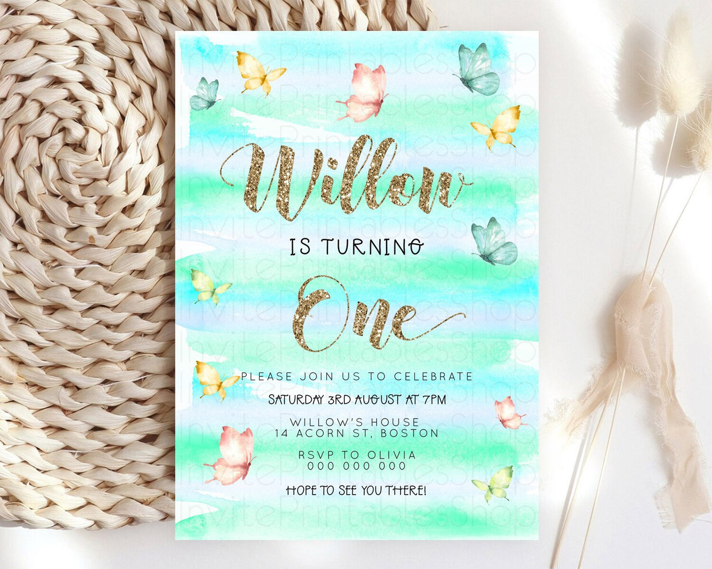 Pastel Butterfly Birthday Invitation Butterfly Birthday Invitation Colorful Splash Glitter Butterfly Garden 1st 2nd Birthday D23220