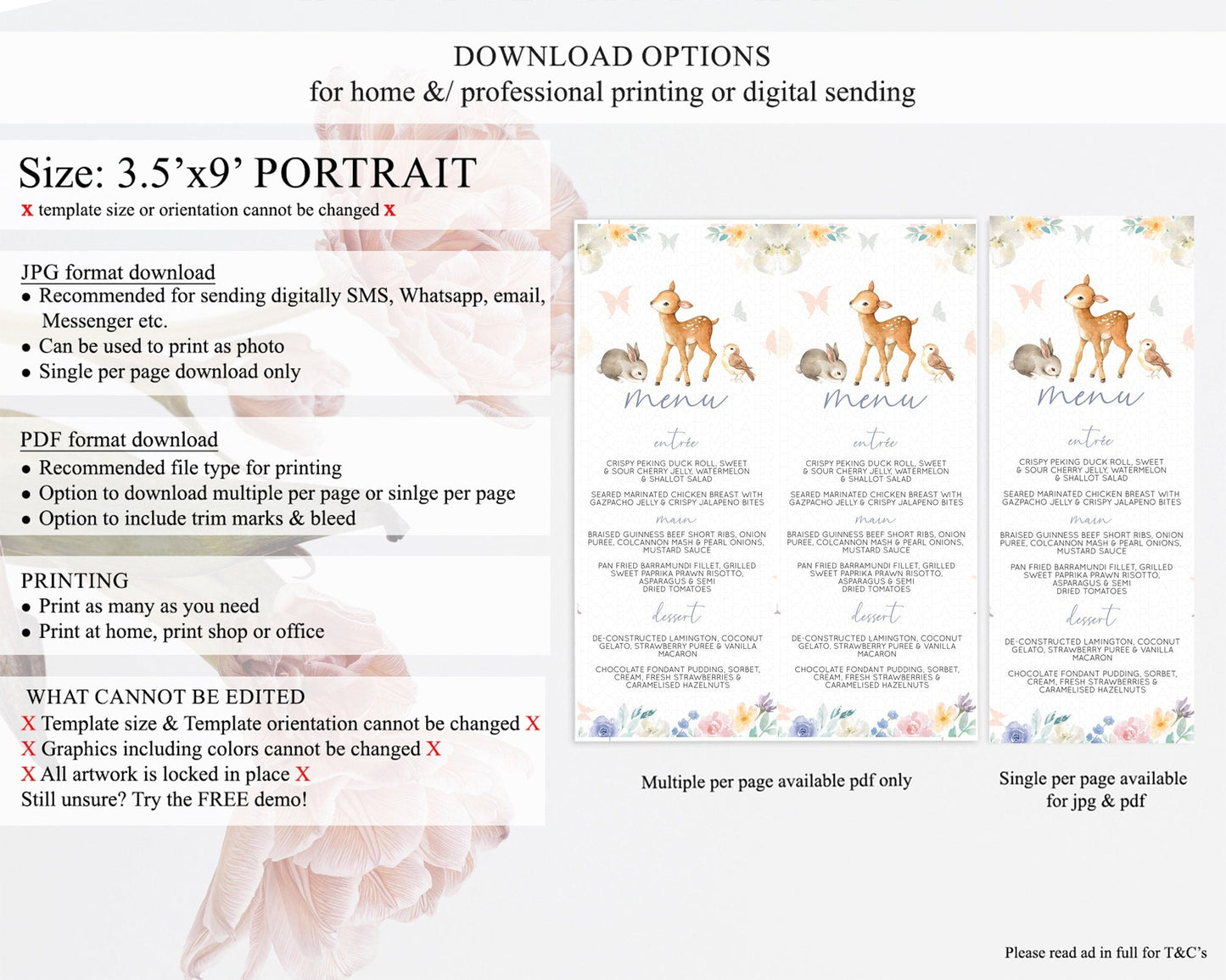 Fawn Menu Deer Menu Template Pastel Floral Deer Table Decor Enchanted Forest Butterfly Floral Dinner Dessert Menu Party Food Menu D10930