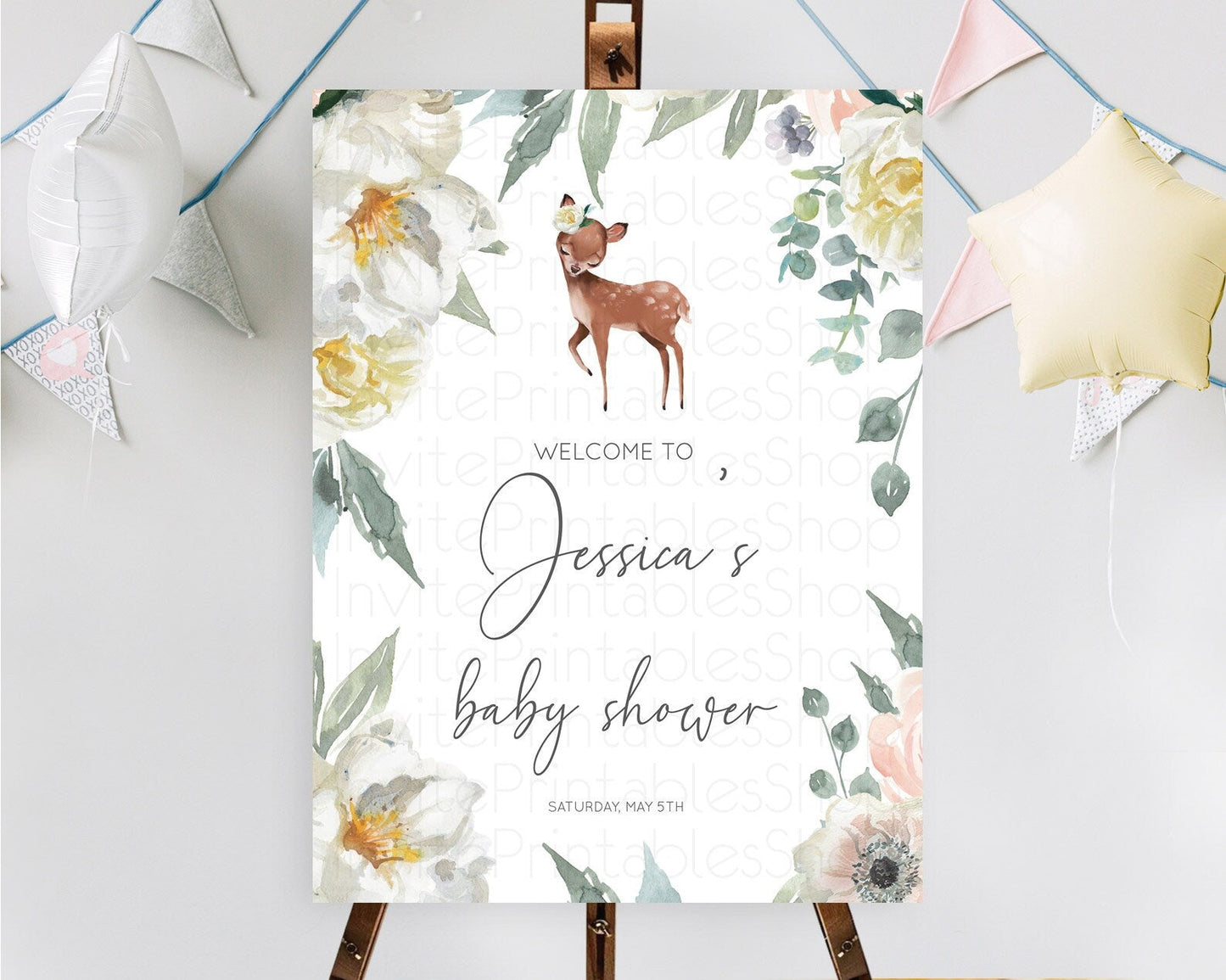 Fawn Baby Shower Welcome Sign Deer Welcome Board Floral Deer Welcome Poster Enchanted Forest Butterfly Pastel Floral Welcome Sign D11030