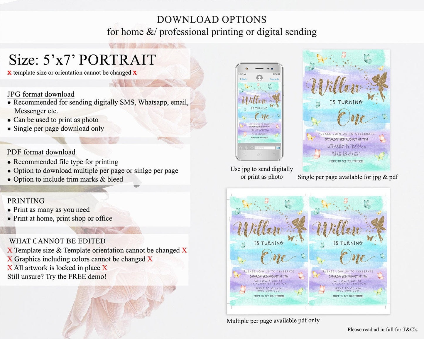 Pastel Fairy Birthday Invitation Pastel Butterflies Fairy Birthday Invitation Rainbow Ombre Watercolor 1st 2nd Birthday Invitation D23317