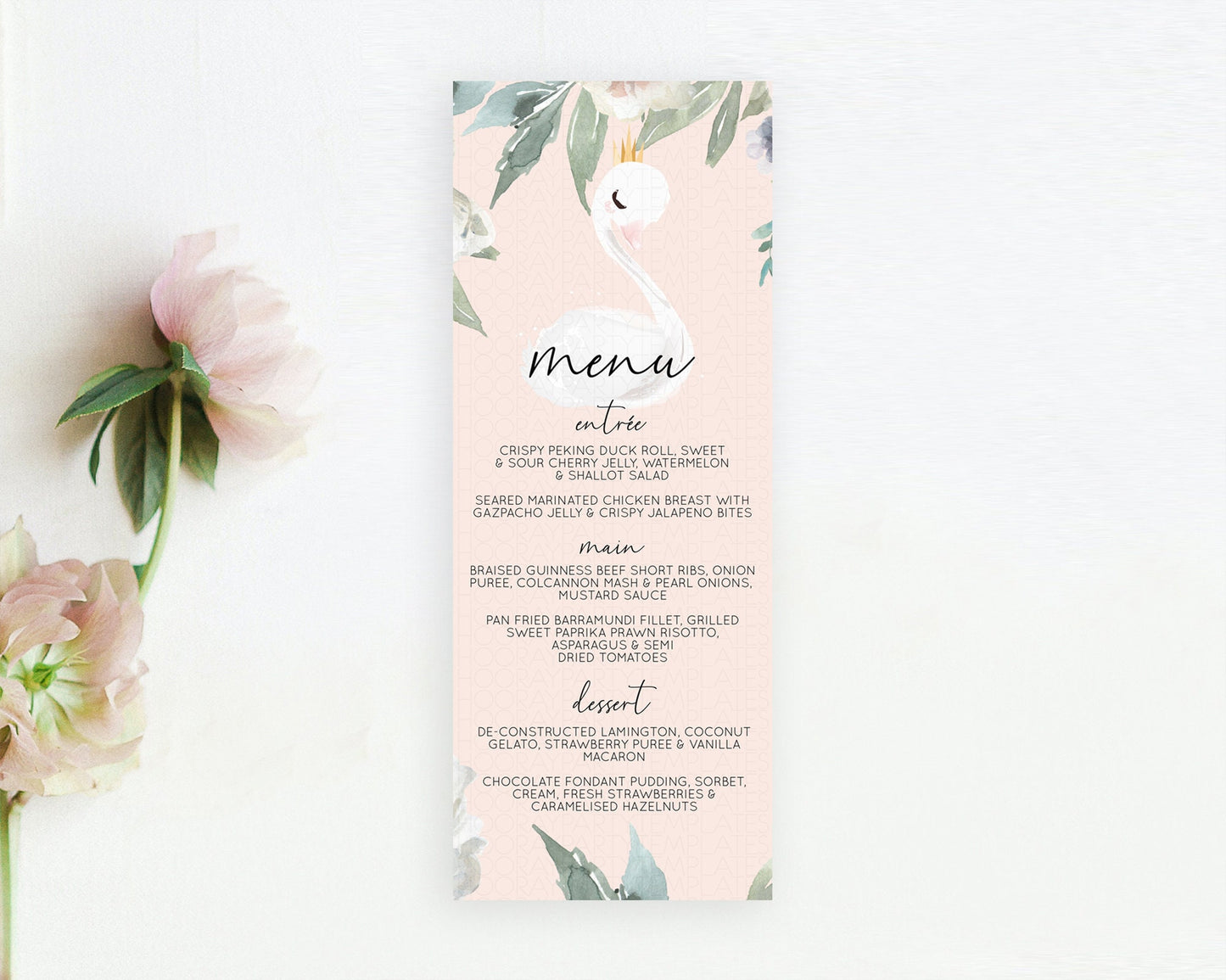 Swan Menu Swan Princess Ballet Menu Template Enchanted Swan Lake Table Decor Secret Garden Pastel Floral Dinner Dessert Food Menu  D10755