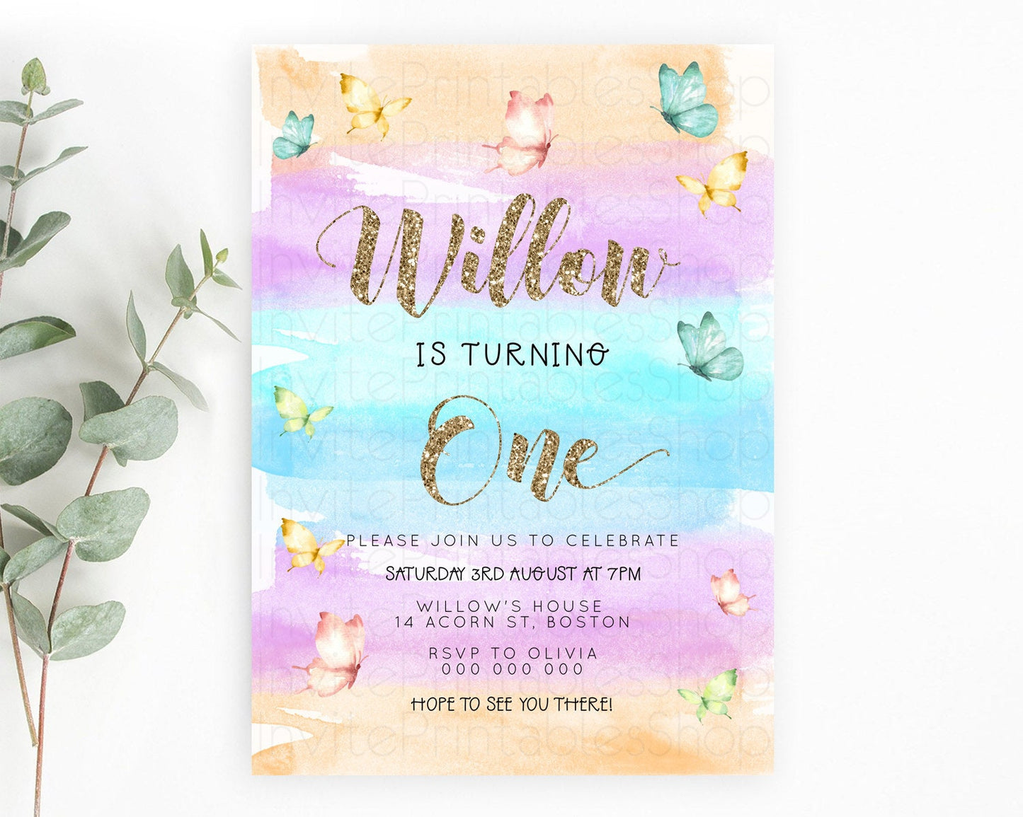 Pastel Butterfly Birthday Invitation Butterfly Birthday Invitation Colorful Splash Glitter Butterfly Garden 1st 2nd Birthday D23225