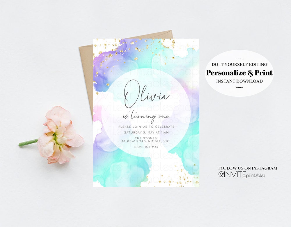 Pastel Rainbow Birthday Invitation Aqua Blue Purple Colorful Watercolor Splash Ombre Ink Paint Gold Glitter Custom Printable Invite