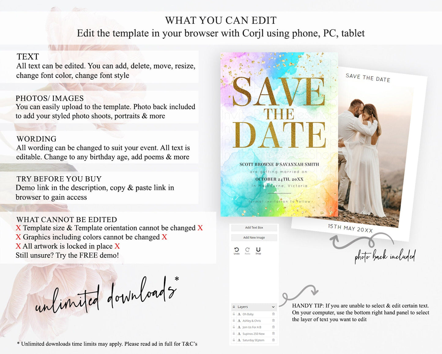 Pastel Save The Date Template Pastel Ombre Rainbow Watercolor Colorful Party For Birthday Baptism Baby Shower Wedding Bridal Shower D10961