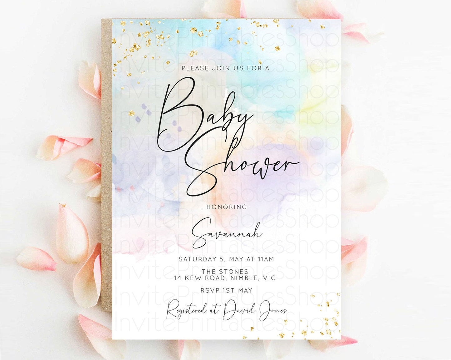 Pastel Baby Shower Invitation Rainbow Baby Shower Invitation Colorful Pastel Watercolor Invitation Gold Glitter Sprinkles Ombre D10769