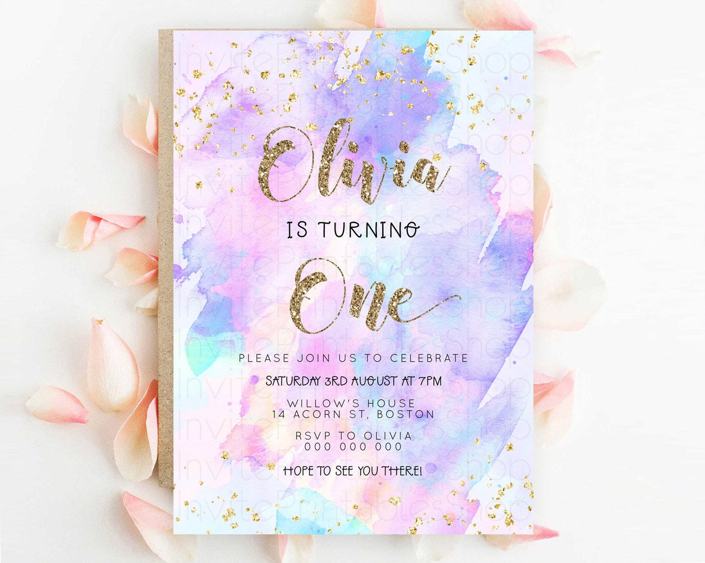 Editable Rainbow Birthday Invitation Colorful Pastel Watercolor Invitation G