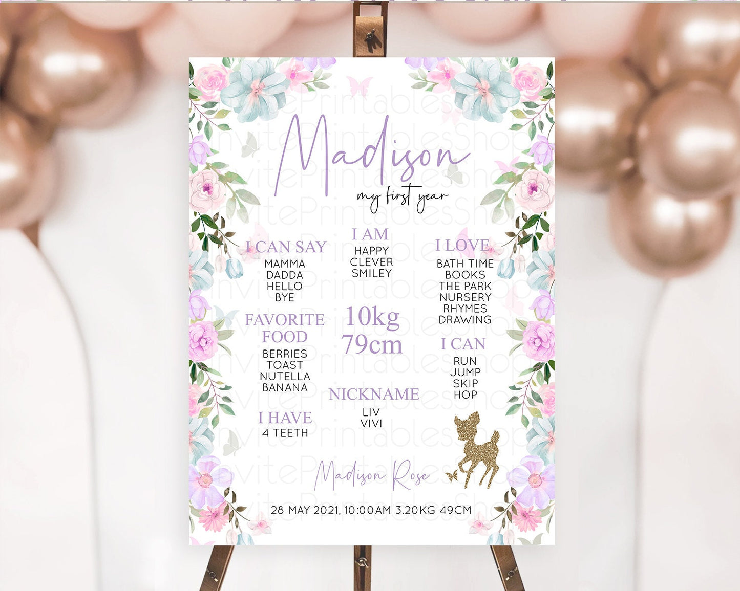 Fawn First Birthday Milestone Board Deer First Birthday Milestone Poster Enchanted Forest Butterfly Pastel Flowers 1st Birthday Sign D10476