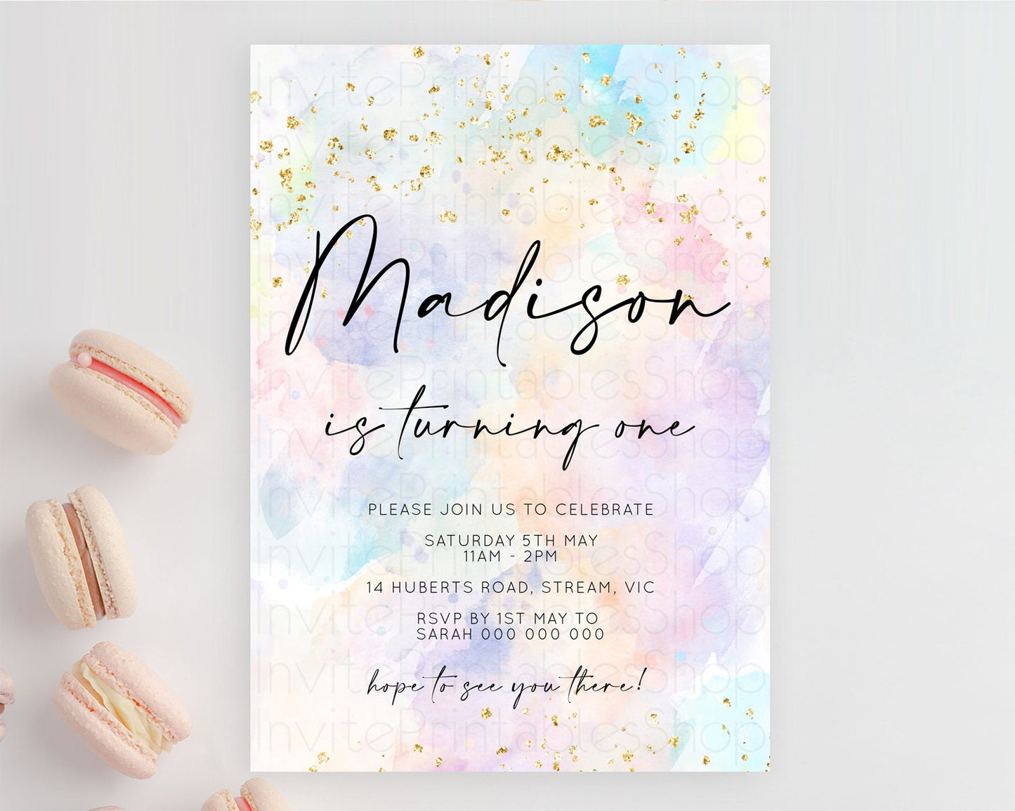 Rainbow Birthday Invitation Colorful Pastel Watercolor Invitation Gold Glitter Sprinkles Ombre Pastel 1st 2nd 3rd Birthday D10605