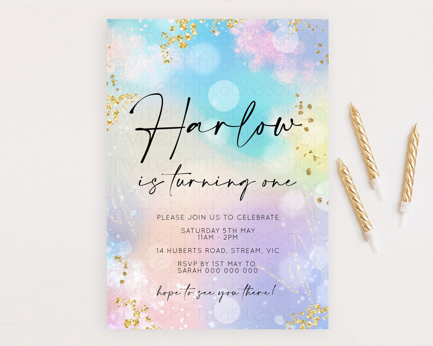 Rainbow Birthday Invitation Colorful Pastel Watercolor Invitation Gold Glitter Sprinkles Ombre Pastel 1st 2nd 3rd Birthday D10675