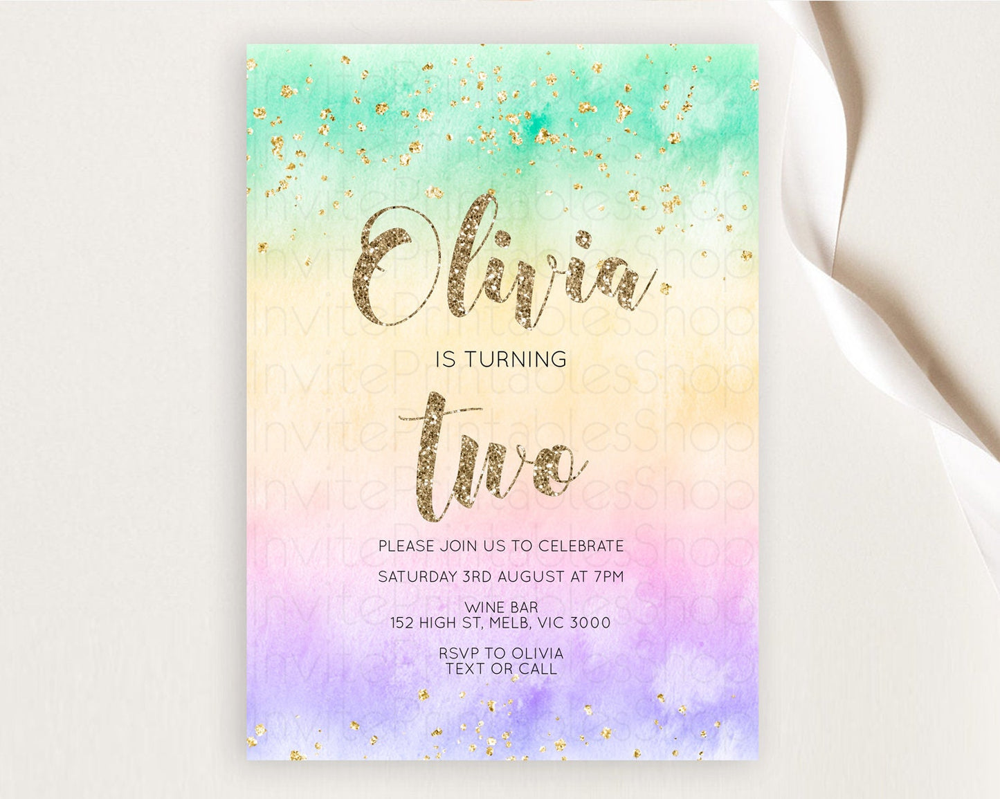 Rainbow Birthday Invitation Colorful Pastel Watercolor Invitation Gold Glitter Sprinkles Ombre Pastel 1st 2nd 3rd Birthday D10478