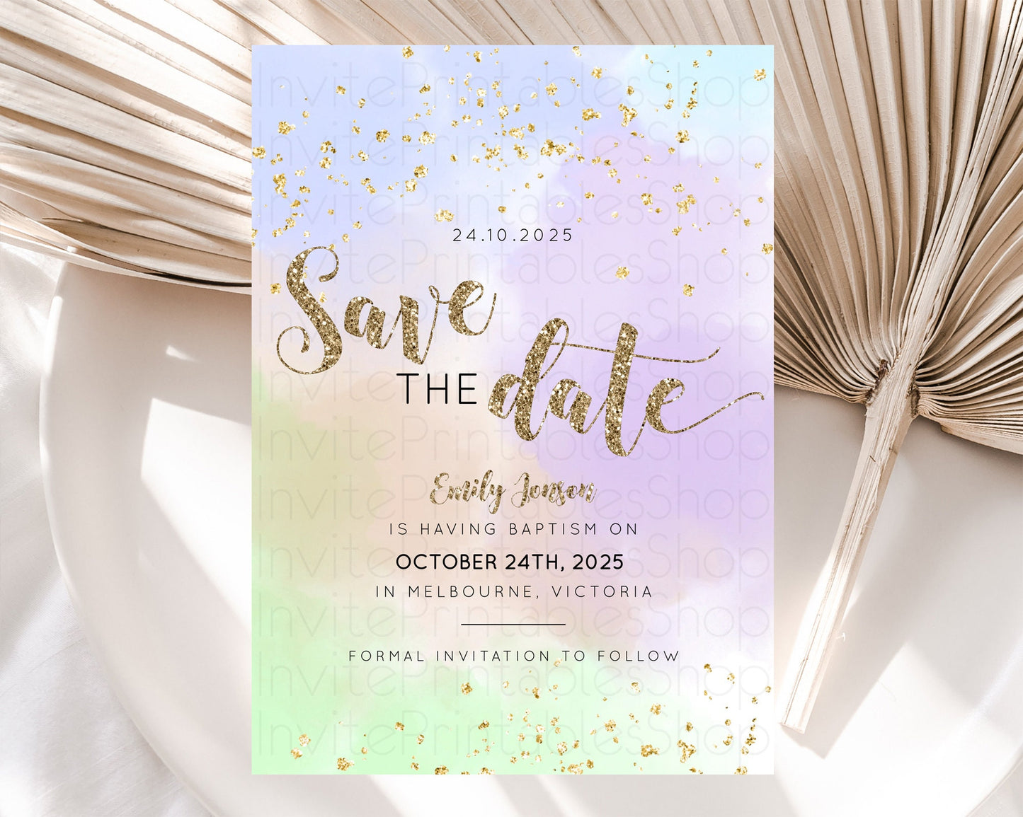 Pastel Save The Date Template Pastel Ombre Rainbow Watercolor Colorful Party For Birthday Baptism Baby Shower Wedding Bridal Shower D10372