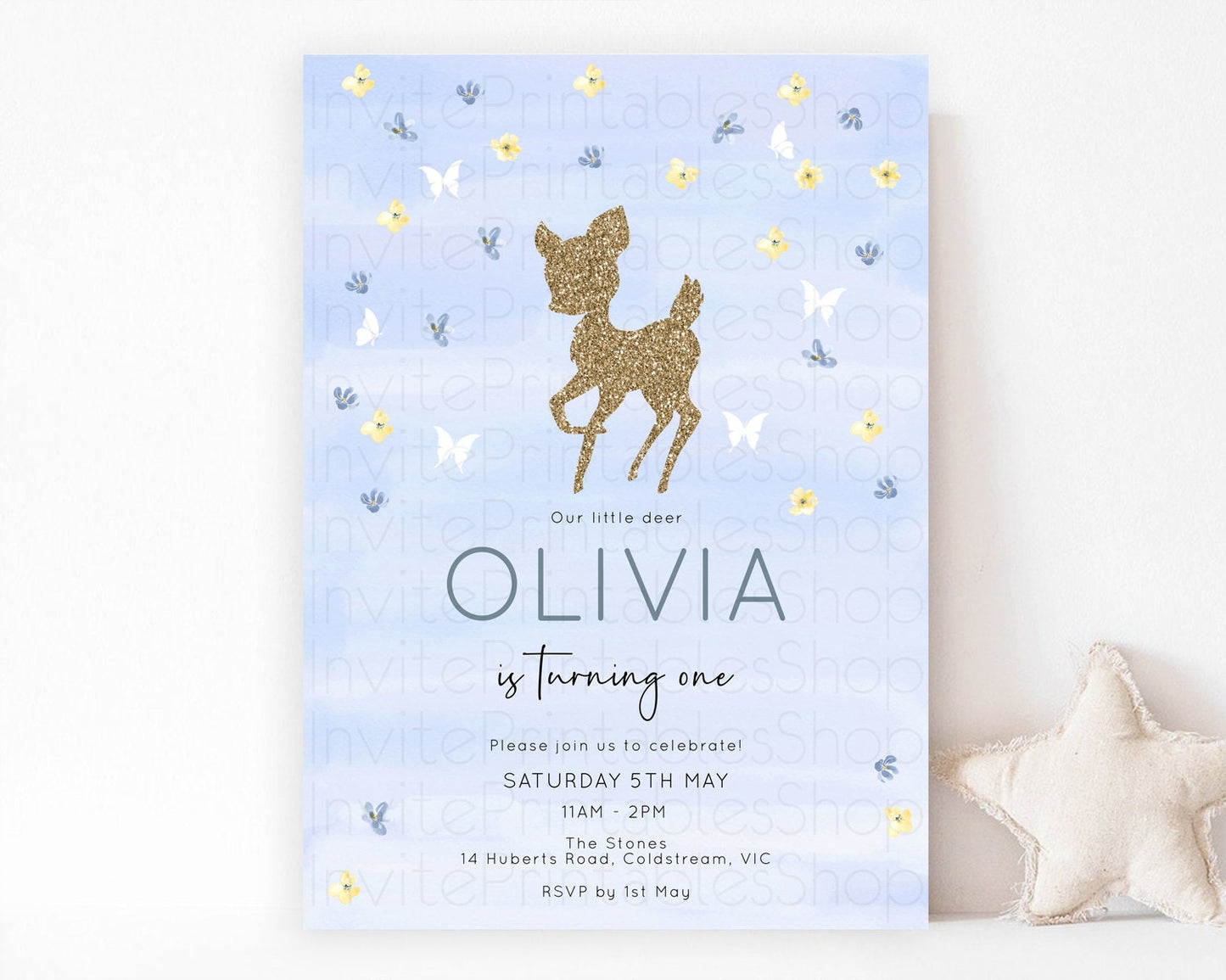 Fawn Birthday Invitation Deer Birthday Invitation Enchanted Forest Party Butterfly Pastel Flowers Whimsical 2nd 1st First Birthday D10863