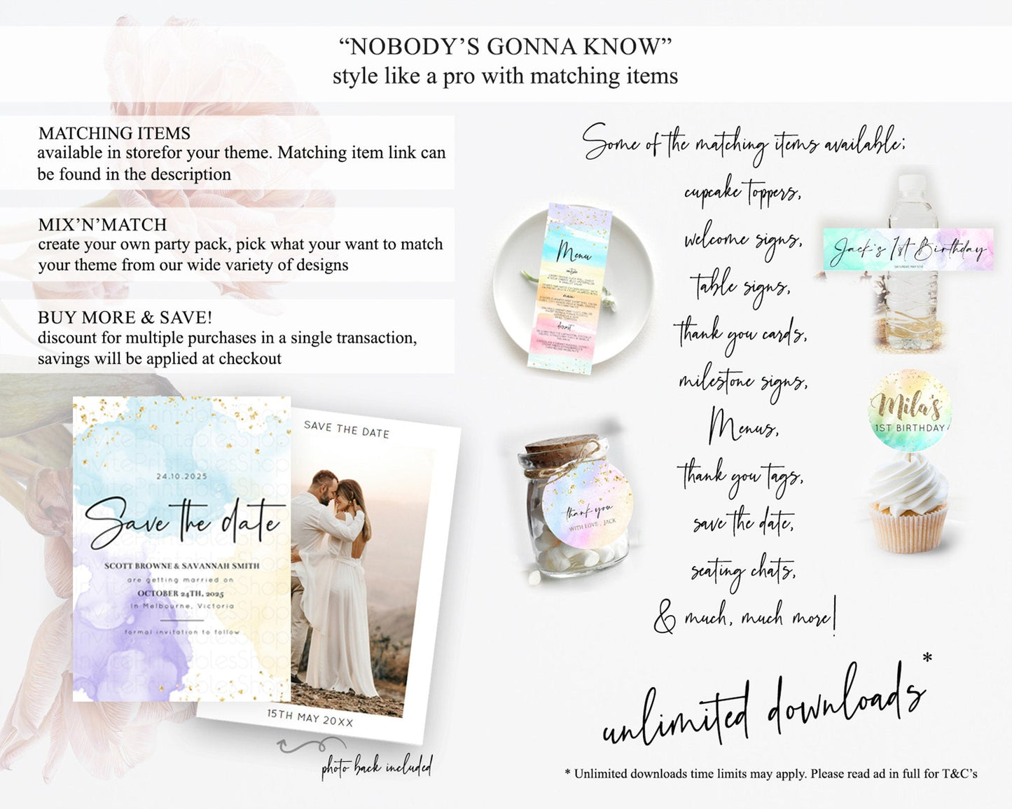Pastel Save The Date Template Pastel Ombre Rainbow Watercolor Colorful Party For Birthday Baptism Baby Shower Wedding Bridal Shower D10208