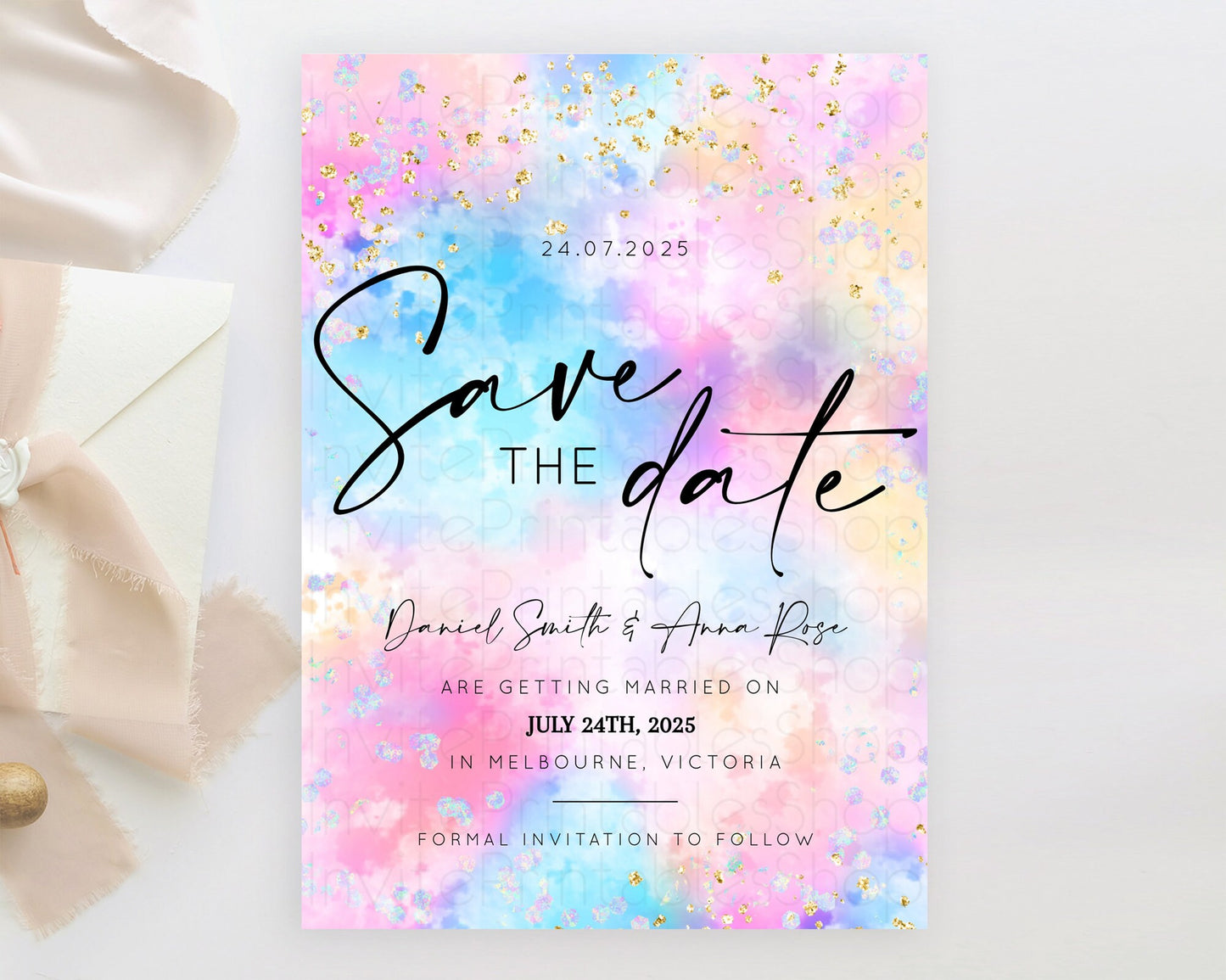 Pastel Save The Date Template Pastel Ombre Rainbow Watercolor Colorful Party For Birthday Baptism Baby Shower Wedding Bridal Shower D10607