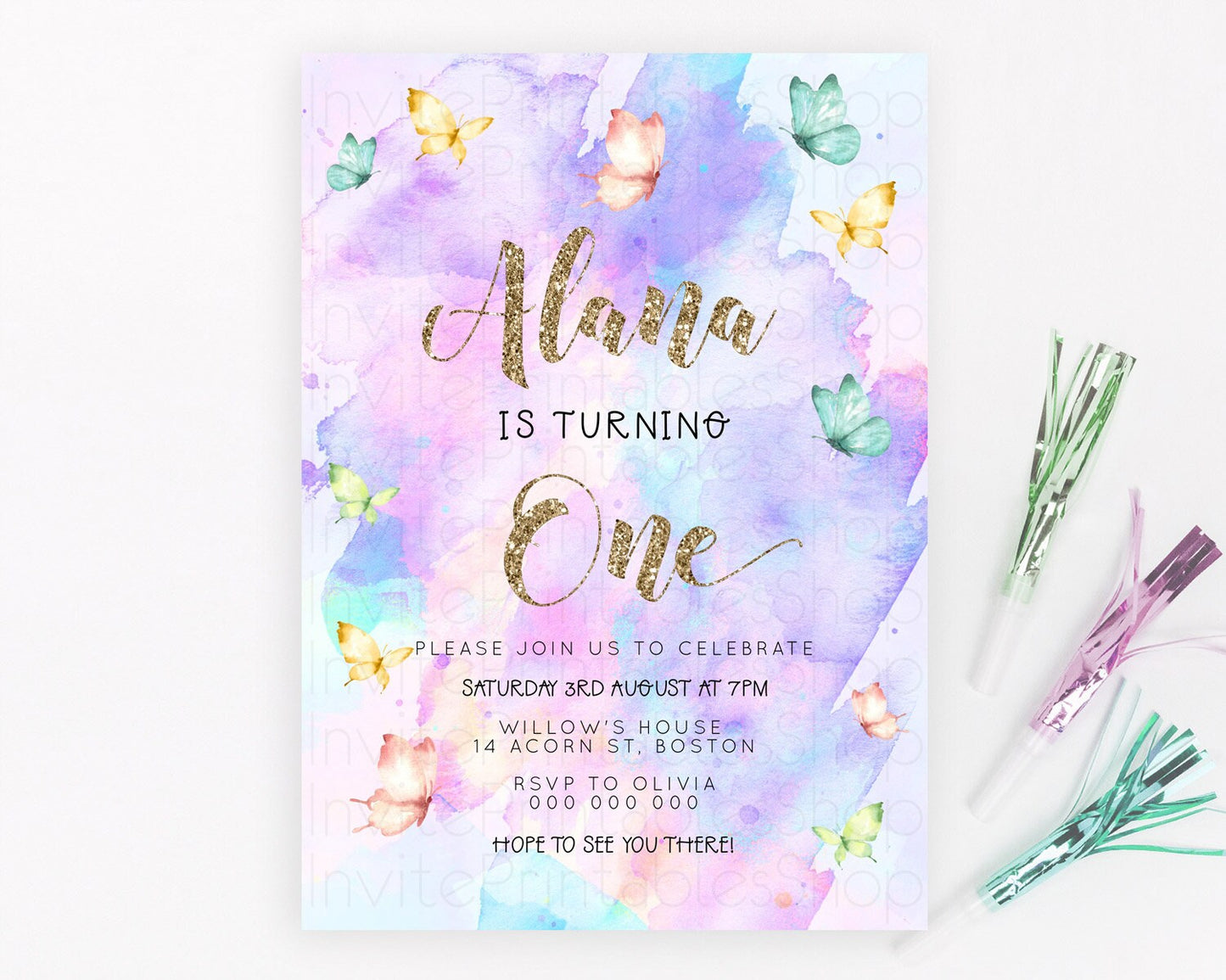 Pastel Butterfly Birthday Invitation Butterfly Birthday Invitation Colorful Splash Glitter Butterfly Garden 1st 2nd Birthday D23252