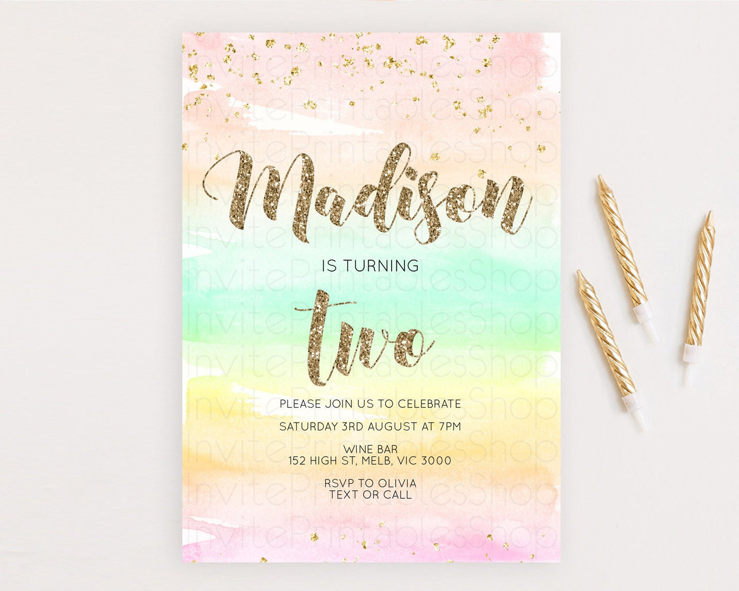 Rainbow Birthday Invitation Colorful Pastel Watercolor Invitation Gold Glitter Sprinkles Ombre Pastel 1st 2nd 3rd Birthday D10592