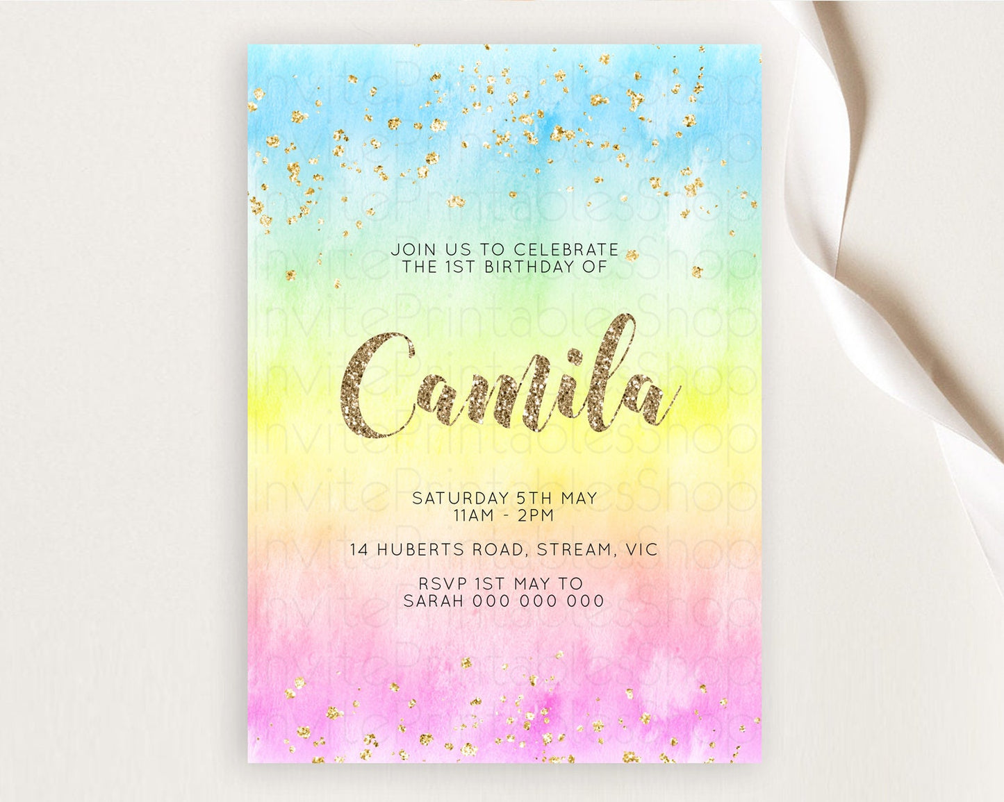 Rainbow Birthday Invitation Colorful Pastel Watercolor Invitation Gold Glitter Sprinkles Ombre Pastel 1st 2nd 3rd Birthday D10479